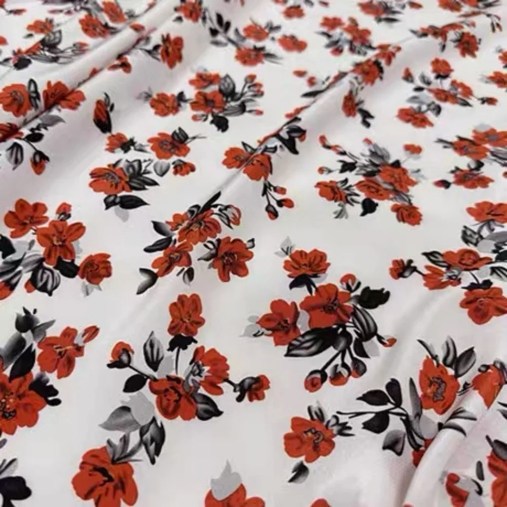 Organic Safe Red Traditional Flowers Printing Design Comfortable Feeling Silk Crepe De Chine Fabric for Lady Custom Cloth Dress