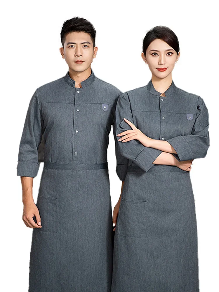 Men's Western Restaurant Chef Jacket Long Sleeve + Apron Ladies Cafe Kitchen Overalls Bakery Cooking Top Chef Uniform