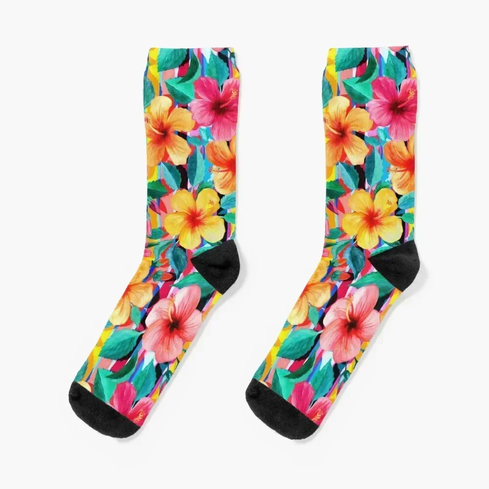 

OTT Maximalist Hawaiian Hibiscus Floral with Stripes Socks custom sports and leisure snow Women Socks Men's