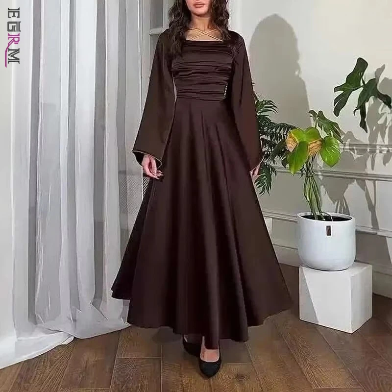 

EGRM Fashion Women Dress Full Sleeve Square Collar Solid Color Girdling Female Elegant Dresses New Tide 23R8140
