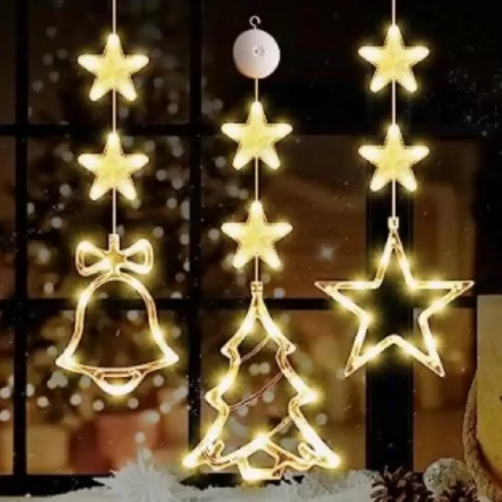 Christmas Garland Light Suction Cup Snowman Moon Star Shape Warm Xmas Decoration Window Lamp Pendant