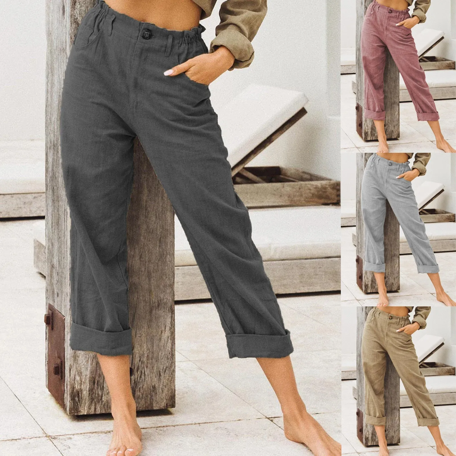 Calça casual feminina de cintura alta de perna larga, emagrecedora feminina, calça reta solta, monocromática, verão, nova, 2024