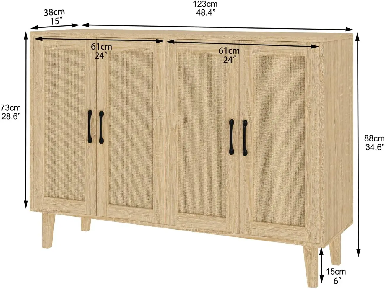 Panana Buffet Storage Cabinet with Rattan Decorating 4 Doors Living Room Kitchen Sideboard  Cabinets