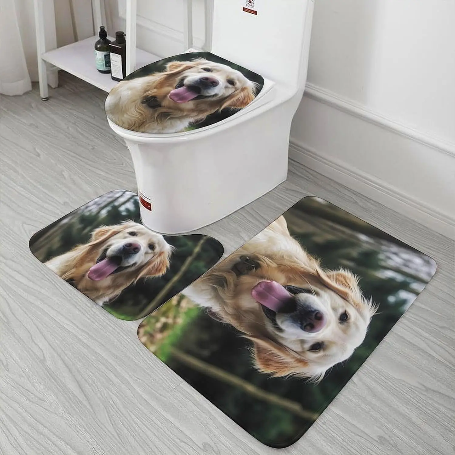 3 Piece Bath Rug Set Non Slip Absorbent Bath Mat Contour Mat with Toilet Lid Cover Funny Golden Retriever Soft Floor Mats for