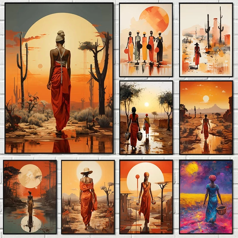 African Women with Sun Canvas Painting Wall Art Poster Prints Elegant Female Picture for Living Room Bedroom Cafe Decoration