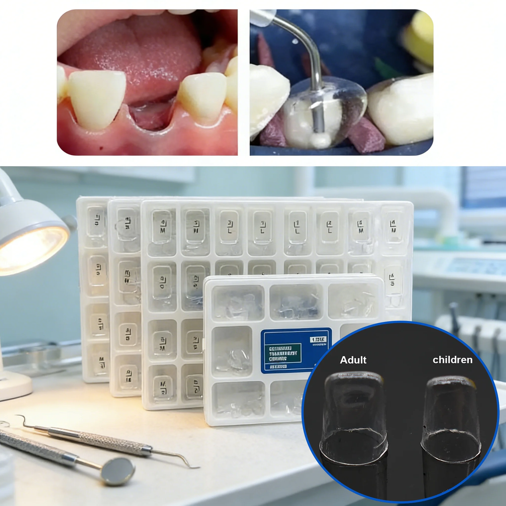 

Набор из 64 прозрачных зубных коронок для взрослых и детей, 1.910/1.912, временные предварительно сформированные матрицы для задних зубов