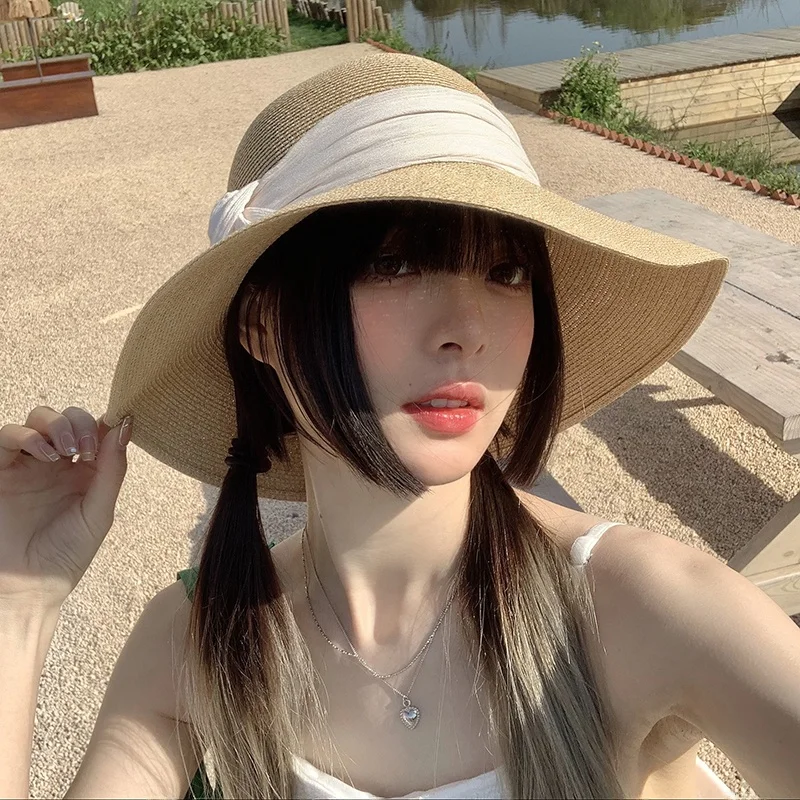 Women's Beach Straw Hat Large Brim Sunshade Face Covering Stylish Korean Japanese Style Summer Sun Protection Freshness