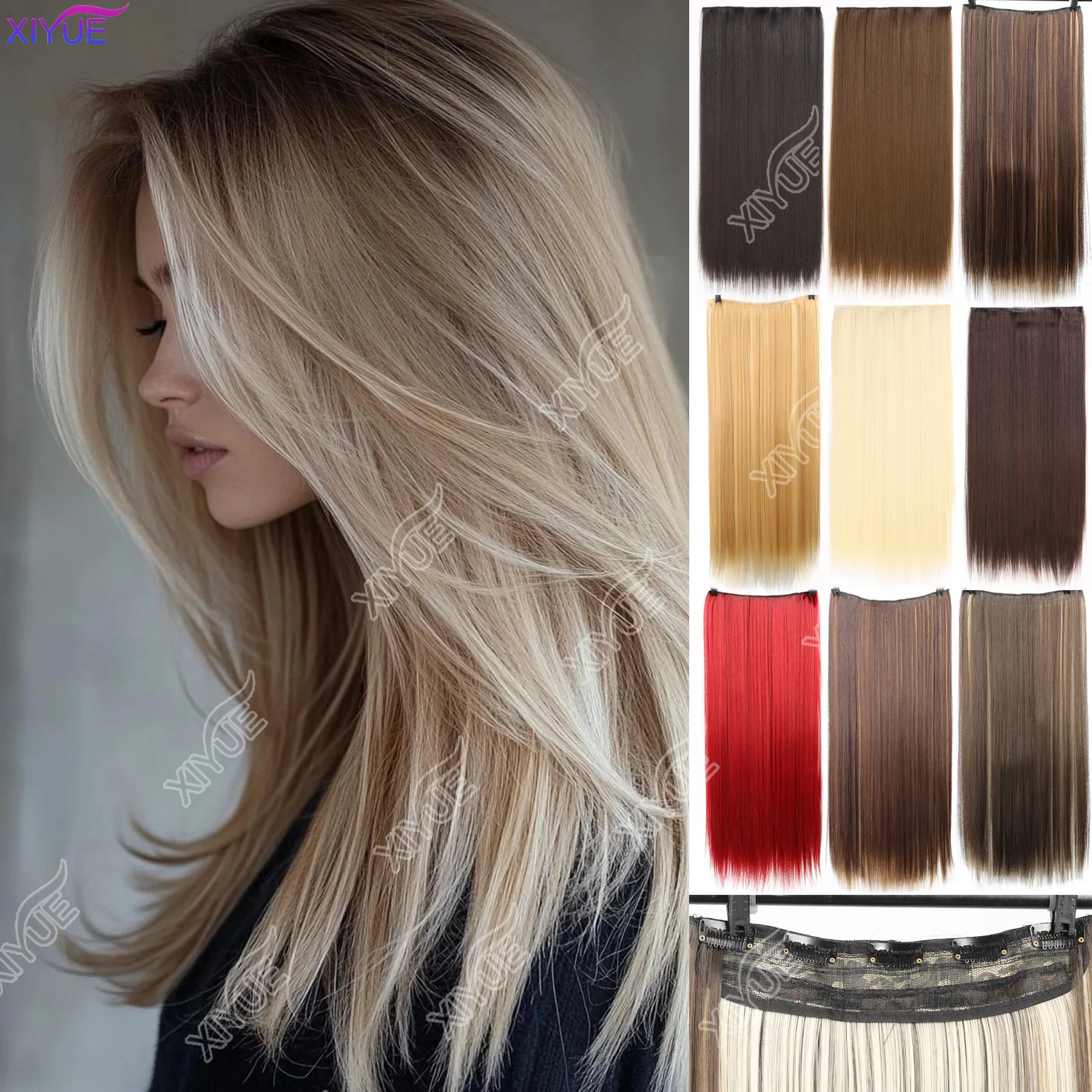 

Синтетические длинные прямые накладные пряди XIYUE на 5 заколках, термостойкие, имитация блонд, коричневые, черные волосы
