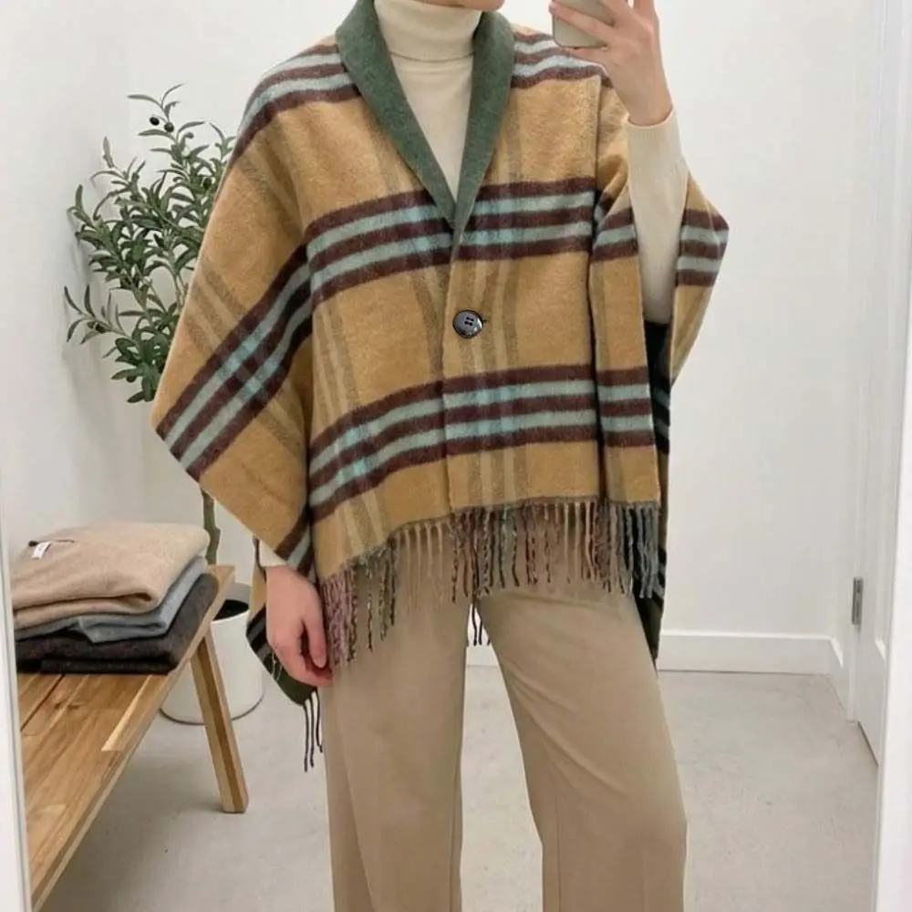 Multi-Functional Double‑Sided Plaid Poncho Shawl Thick Knit Tassel Trim Blanket Shawl Faux Wool Button Closure