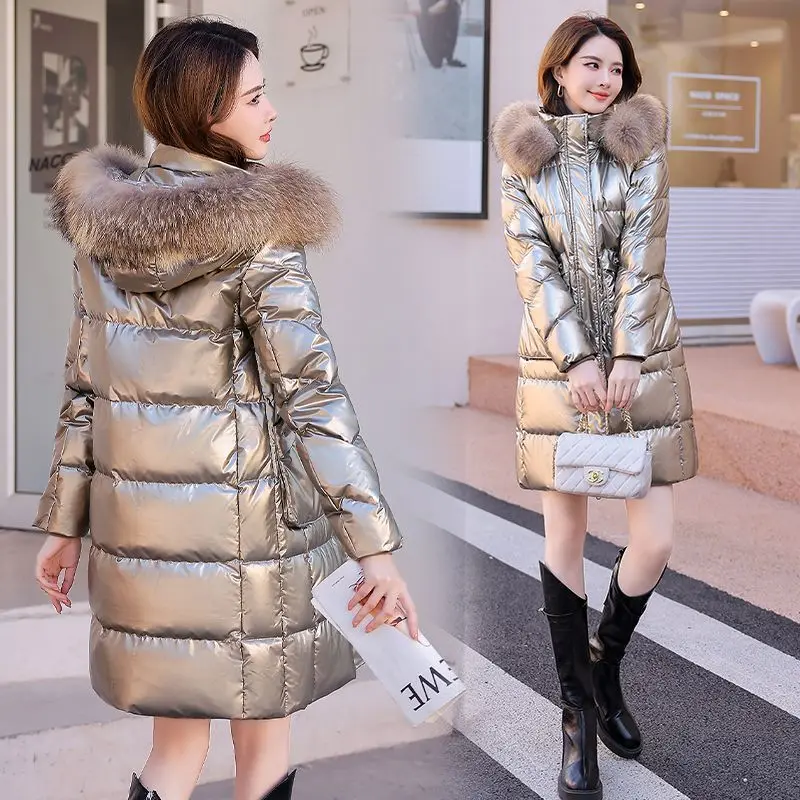 2023 New Winter Fashion Fur Collar Bright Face Down Coat Women\'s Mid length Down Jacket Knee Thickened Warm Cotton Coat