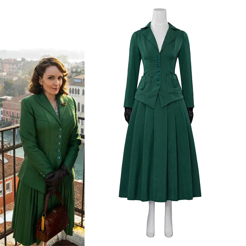 

Ariadne Oliver Cosplay Costume Movie Haunting in Venice Tina Fey Fantasy Costume Green Dress Suit Women Halloween Party Outfits