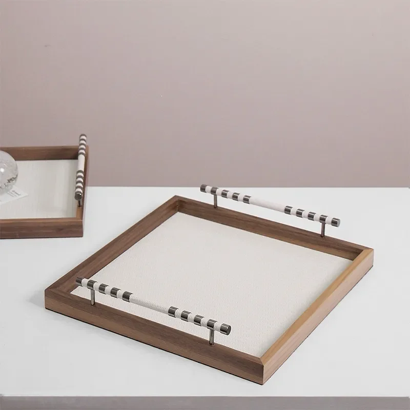Modern light luxury brown wood leather square storage plate model room coffee table living room storage plate decorative