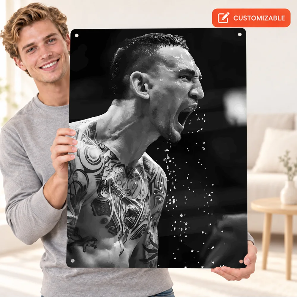 Max Holloway MMA Fighter Textured Metal Poster Customized Aluminum Sign Roaring Monochrome Closeup Wall Art For Fitness Studio