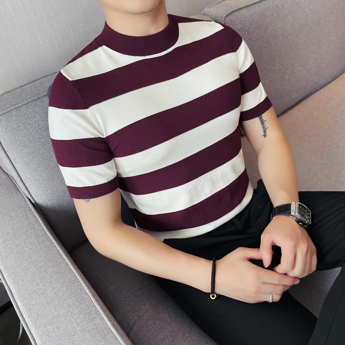 

Wide Stripes T-Shirts For Men Spring Summer New O-Neck Short Sleeve Knitted Men's T Shirt Slim Fit Casual Ice Silk Pullover Tees