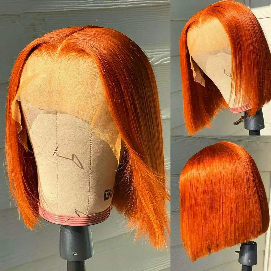 8Inch Orange Ginger Straight Bob Wig Transparent T-part Lace Wig Ginger Lace Front Human Hair Wigs For Women Highlight Wig