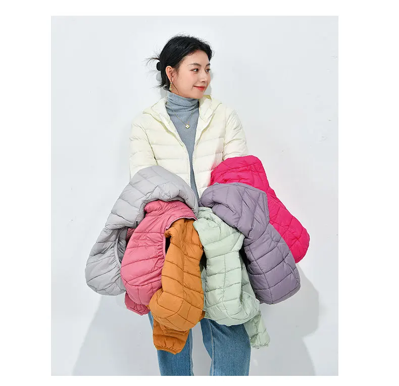Women's Lightweight Casual Hooded Down Jacket Autumn Winter Minimalist Short Down Coats Female Solid Color Zipper Warm Outerwear