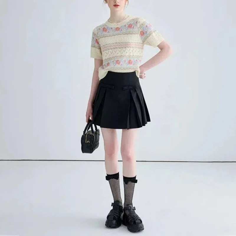 Pull japonais Lolita pour femmes, col rond, Jacquard épissé, ajouré, Slim, minimaliste, décontracté, tricoté, haut à manches courtes, été 2024