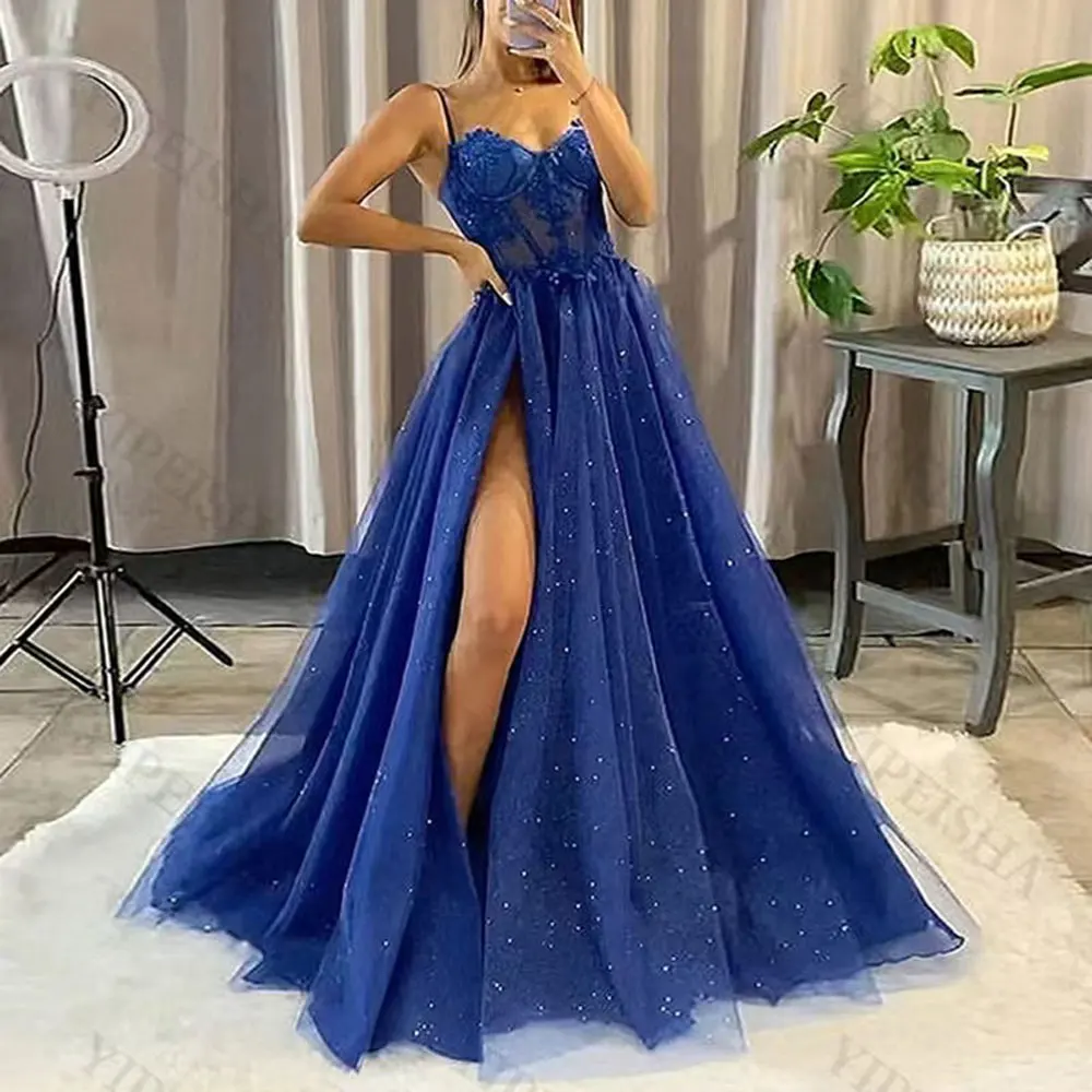 New Style Lace Tulle Evening Dresses Spaghetti Straps Sexy High Slit Long Formal Gowns Vestidos De Noche Largos Elegantes 2024