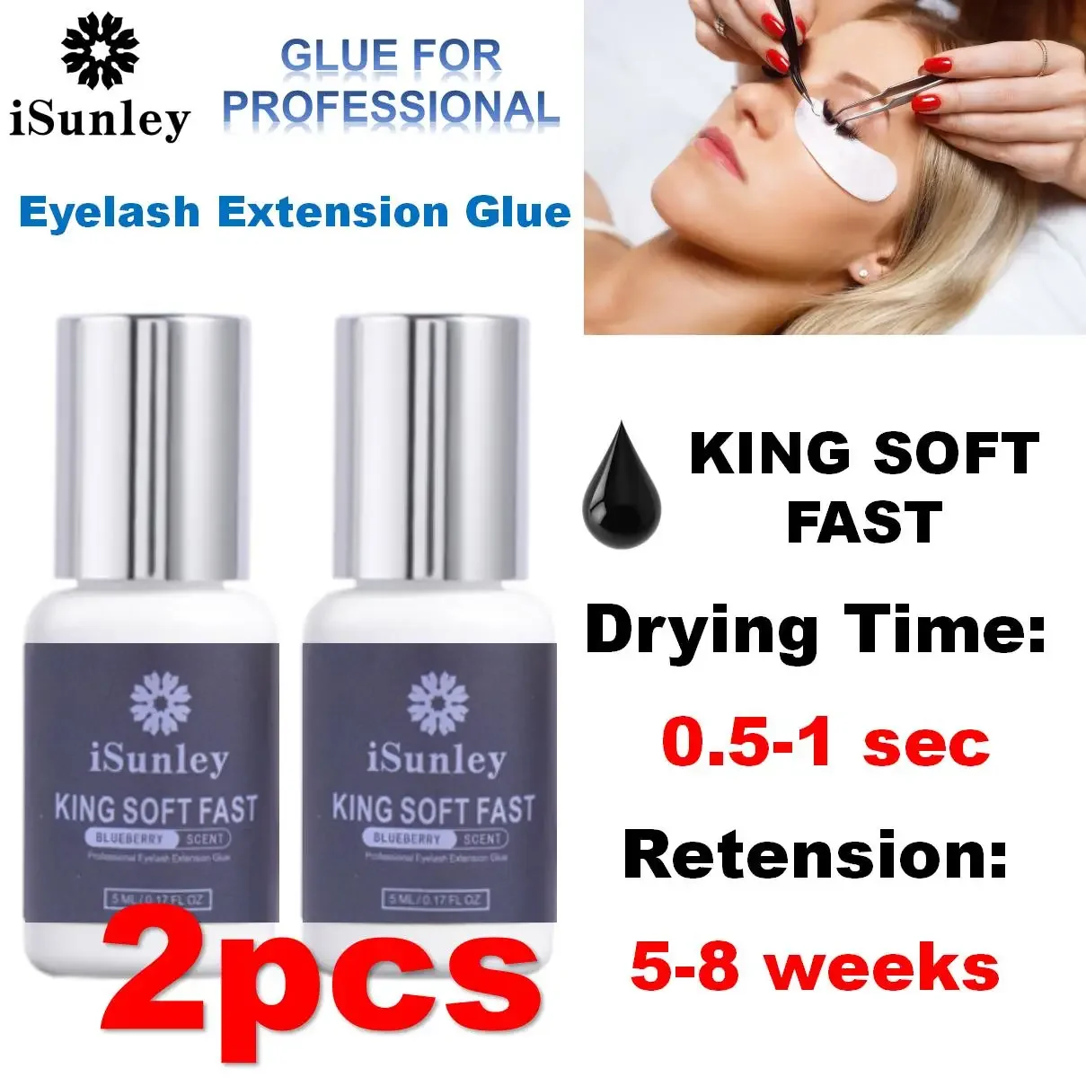 ISunley 2pcs 0.5 Second Fast Drying Strong False Eye Lash Extension Glue Adhesive Retention 5-7 Weeks No Irritant Eyelash Glue