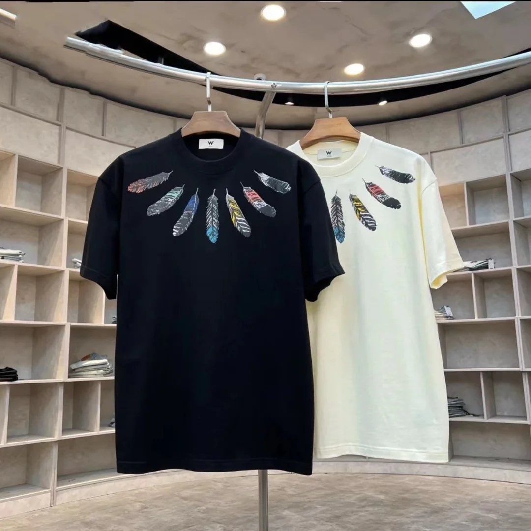 

Summer new Indian T-shirt color feather fashion print short sleeve casual T-shirt simple men loose t