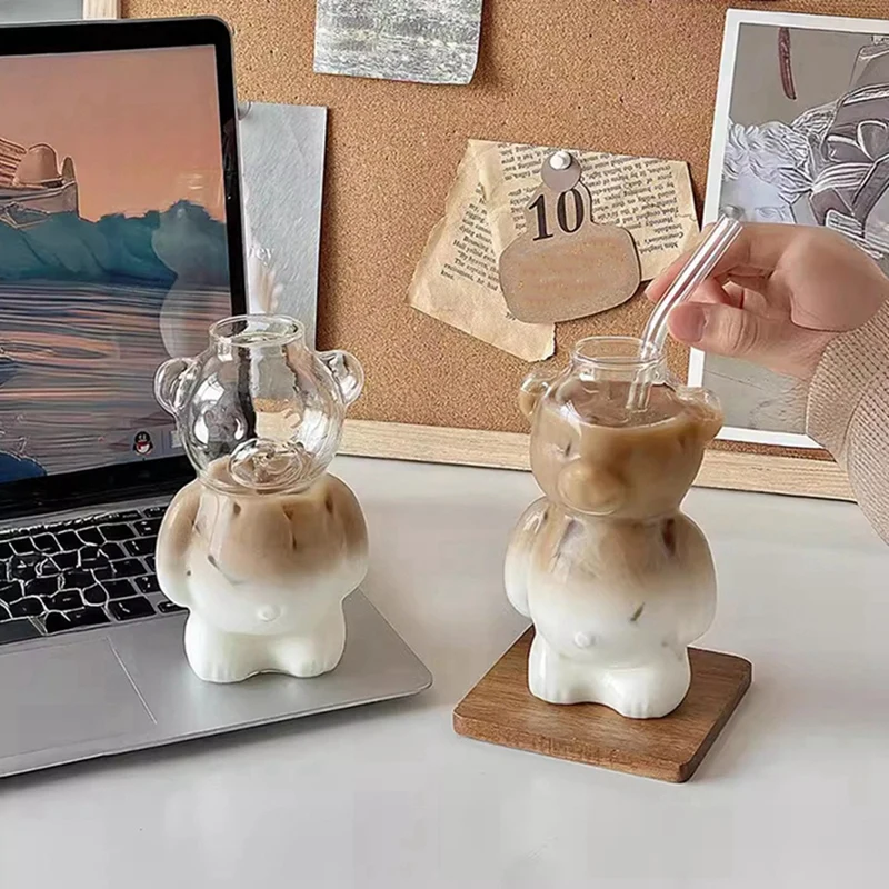 2pcs Bear Cup Online Celebrity Restaurant Coffee Cup Cute Cartoon Glass Water Cup with Straw Family Set-DTB1