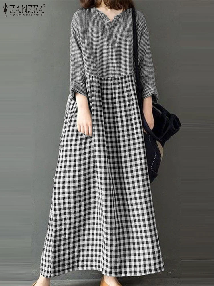 ZANZEA Long Sleeve Gingham Patchwork Maxi Dress V Neck Vintage Holiday 2025 Spring Vestidos Women Check Loose Casual Long Dress