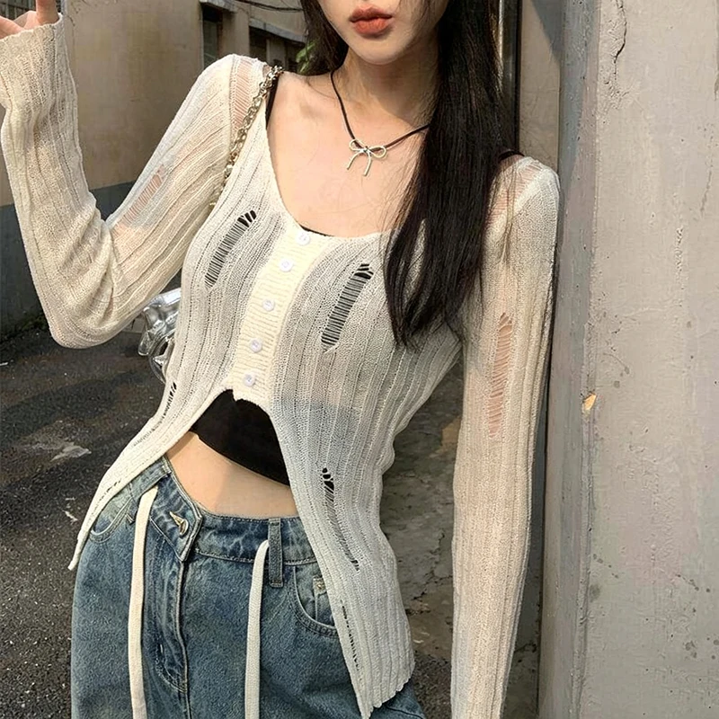 Women Distressed Knit Top Long Sleeve Button Up Sweater Cardigan Sheer Open Stitch Tops Teen-girl Sexy Club Fall Winter Outfit