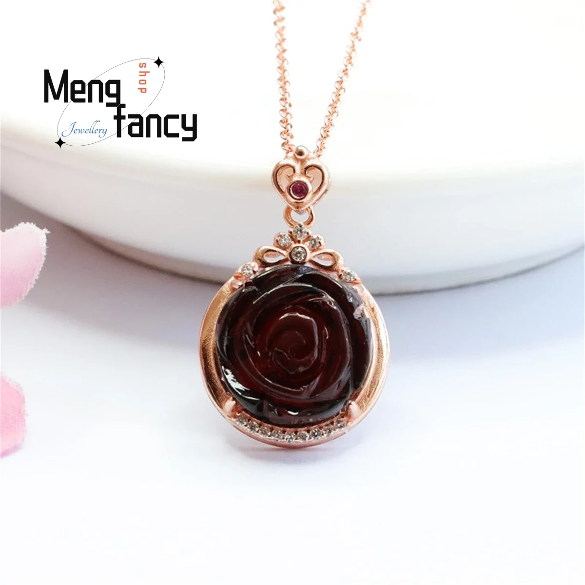 

Natural S925 Silver Inlaid Blood Pearl Water Purifying Amber Rose Necklace Simple Elegant Personalized Fashion Versatile Jewelry