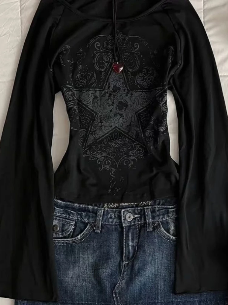 

HOUZHOU Vintage Gothic Black T-shirts Women Harajuku Y2k Grunge Graphic Tees American Retro Punk Long Sleeve T-shirt Aesthetic