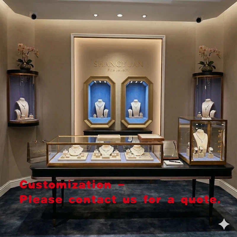 custom.Luxury Wall Mounted Jewelry Showcase Brushed Gold Glass LED Spotlight Wall Cabinet Source Factory Custom