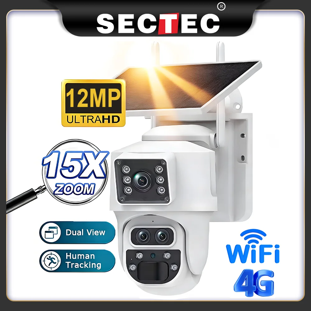 

Sectec 6K 12MP 15X ZOOM Solar Camera 4G SIM /WIFI three Lens Recording Dual Screen Human Auto Tracking Color Night Vision UBox