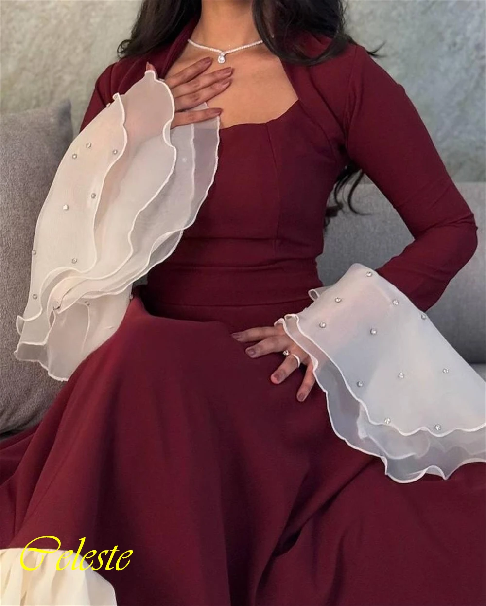 Customized Square Collar Flare Sleeves Jersey A-Line Evening Dress Luxury Party Dresses Delicate Special Occasion Gowns