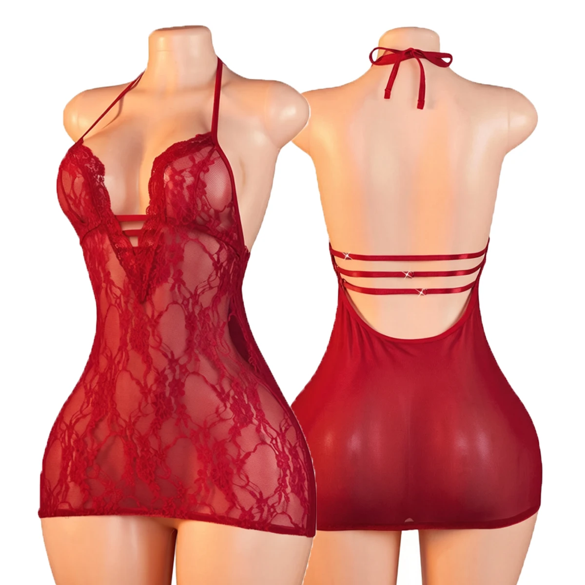Sexy Mesh Sheer Bodycon Dress - Transparentes Spitzen-Babydoll für Damen, Neckholder mit