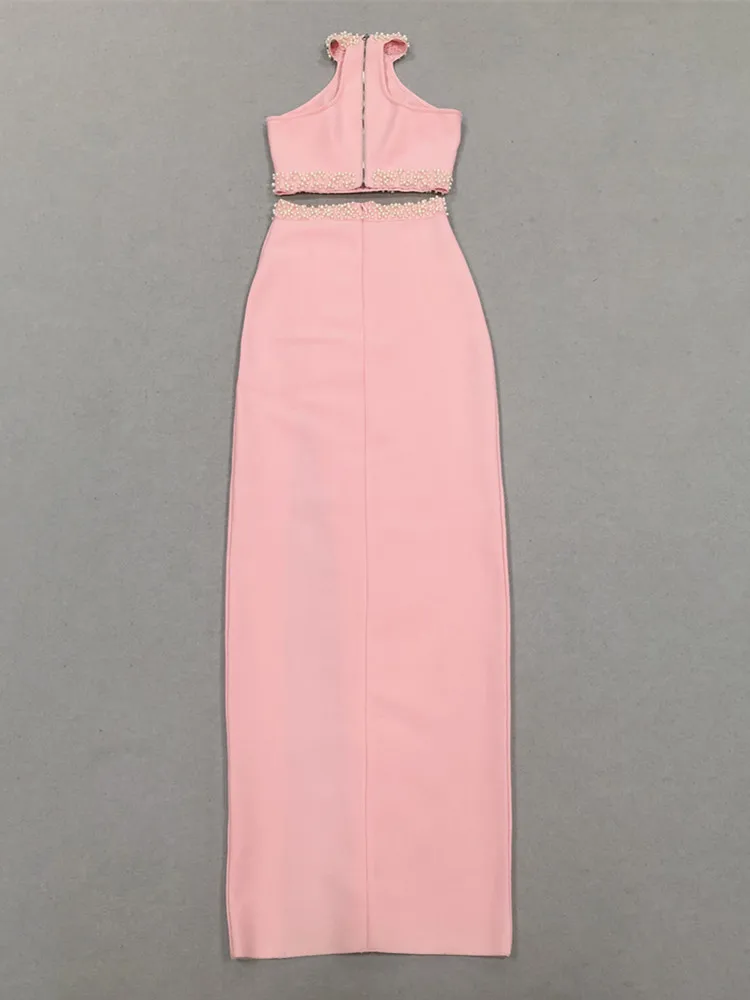 Feminino sexy o pescoço beading pérola rosa maxi longo duas peças saia bandagem conjunto 2025 celebridade designer moda feminina conjunto