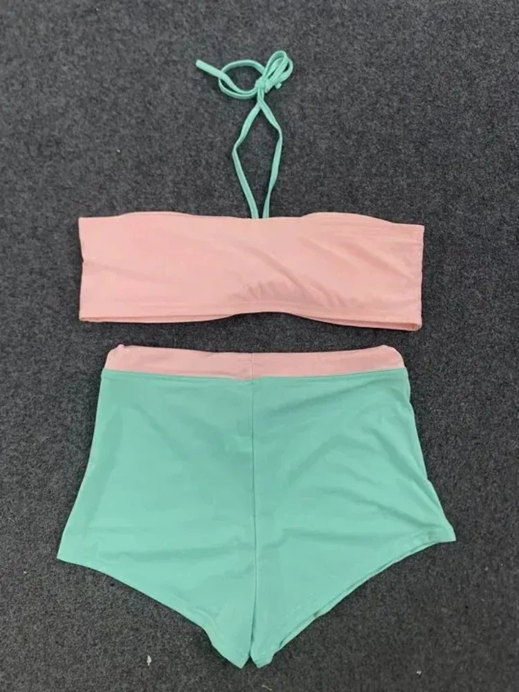 

Модный удобный свежий пляжный купальник с висячим вырезом, комплект из двух предметов Y2K, сексуальное милое короткое тонкое бикини без бретелек с разрезом для девочек