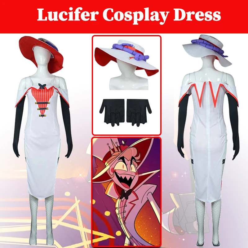 Lucifer Dress Cosplay Anime Costume Cartoon Hell Inn Disguise Outfits Women Roleplay Hat Gloves Set Clothes Halloween Party Suit