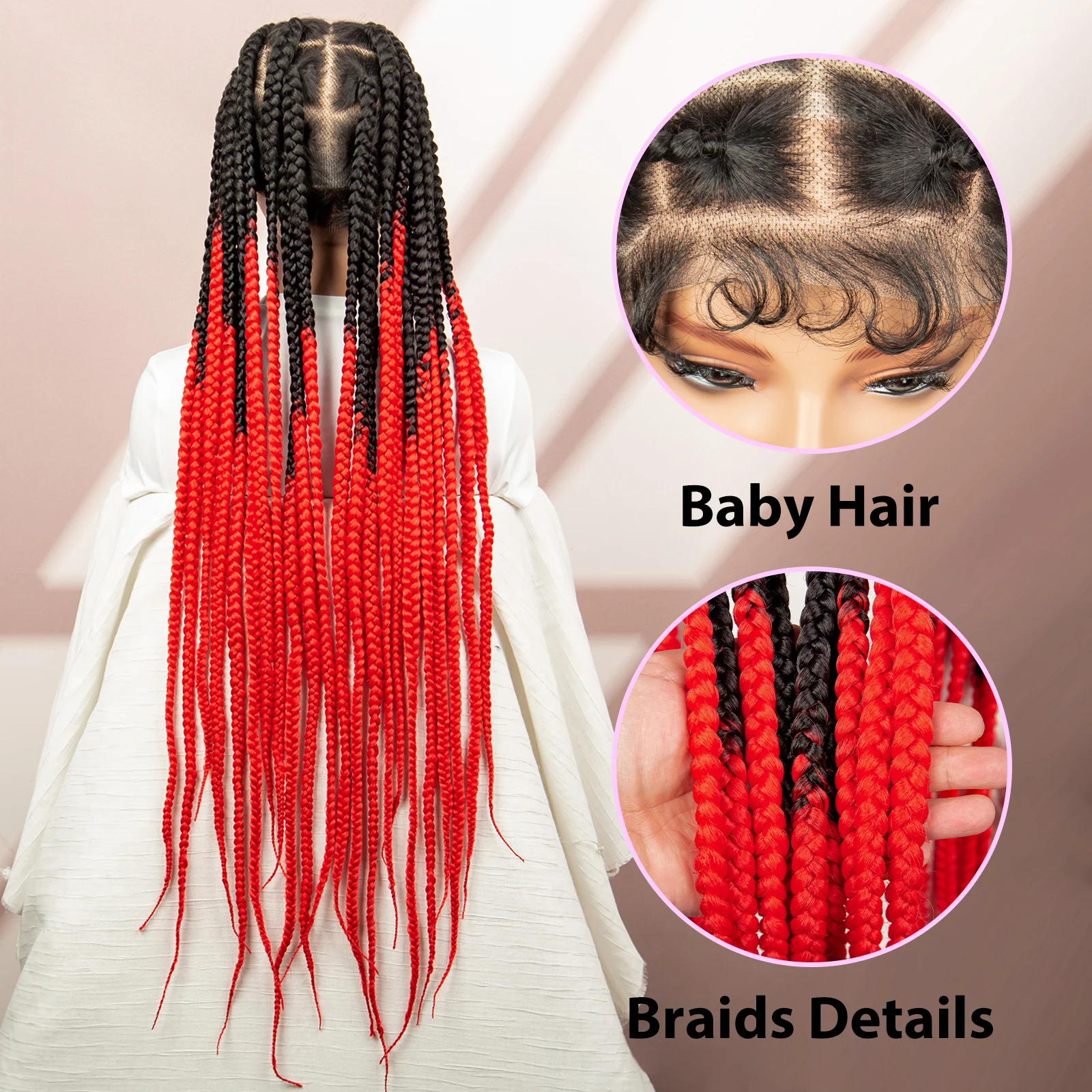 Knotless Box Braided Wigs Synthetic Transparent Full Lace Braids Wig For Black Women 36inch Red Braided Lace Wig with Baby Hair