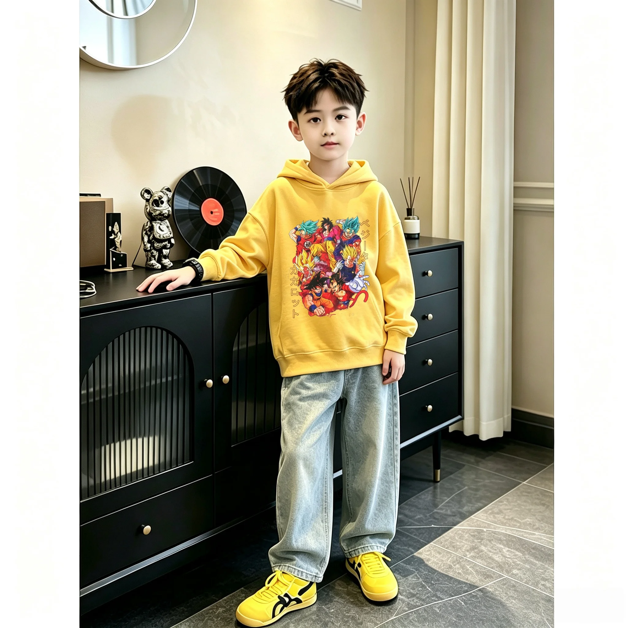 Fashion Fall/Winter Dragon Z Wu Kong Anime Children's Hooded Sweatshirt for Boys and Girls Warm Thermal Pullover Sweater