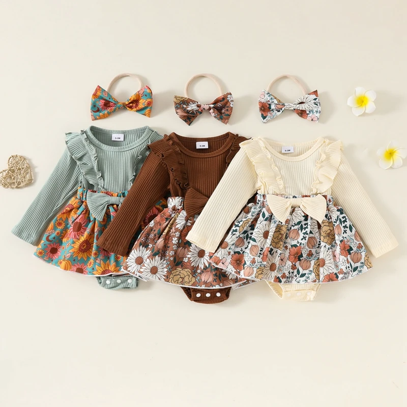 2024-06-11 Lioraitiin Baby Girl Fall Outfit, Flower Print Ruffle Trim Long Sleeve Romper Dress Bow Headband 2 Piece Set