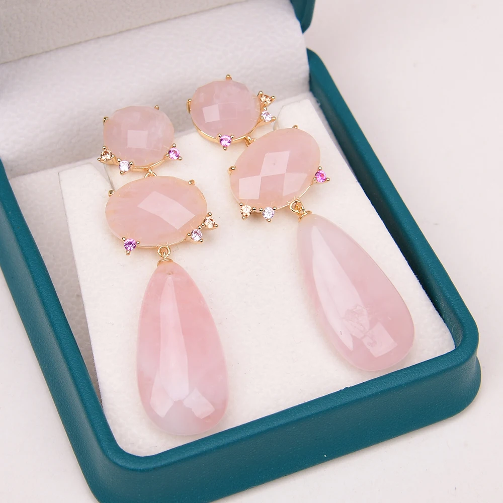 G-G Natural Tender Pink Rose Quartz Gems Crystal CZ Earrings Gold Plated Luxury Classic Teardrop Wedding Jewelry Gifts