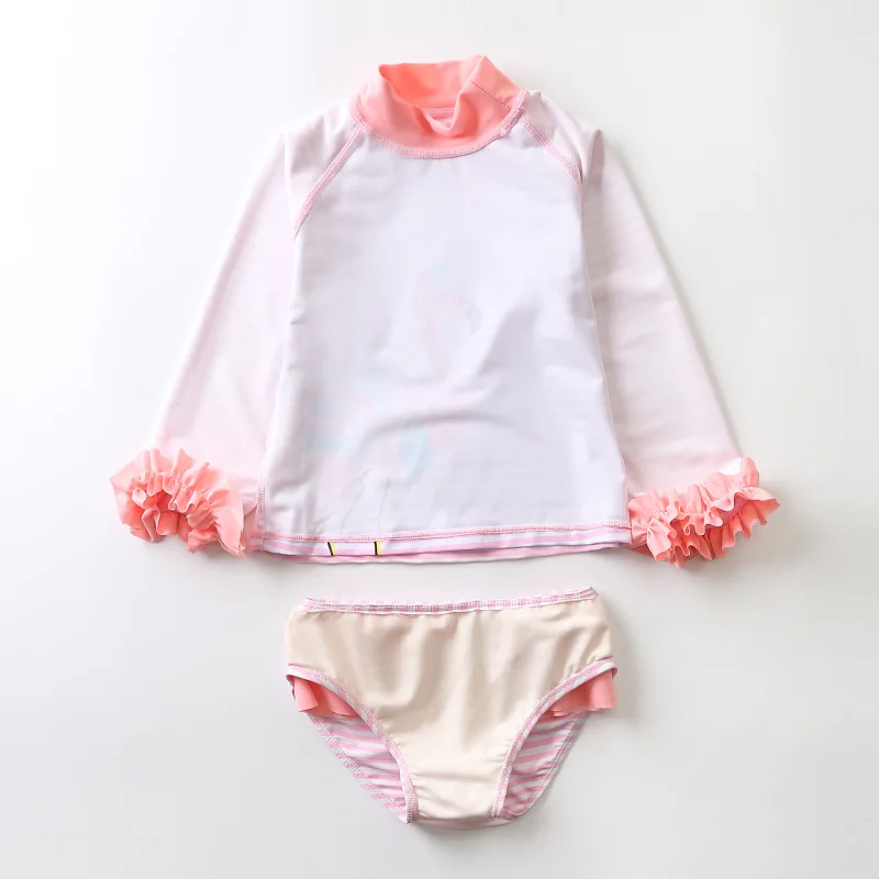 HappyFlute New  Hot Sale Flamingo Print Long Sleeve With Lace Shorts Sunscreen &Quick-drying Girls Swimsuit