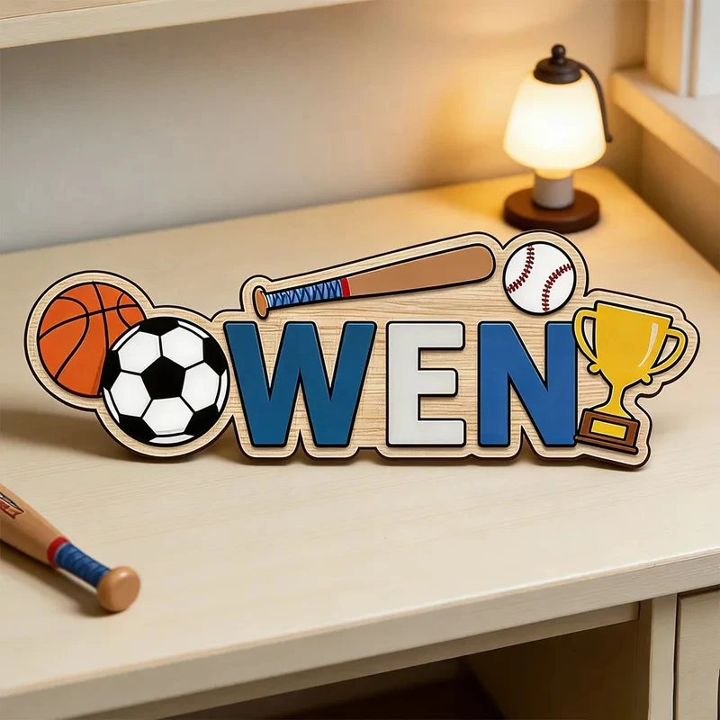 Sports Ball Trophy Themed Custom Name Wood Sign for Kids Playroom Nursery Wall Art Baby Shower Birthday Gift for Boys
