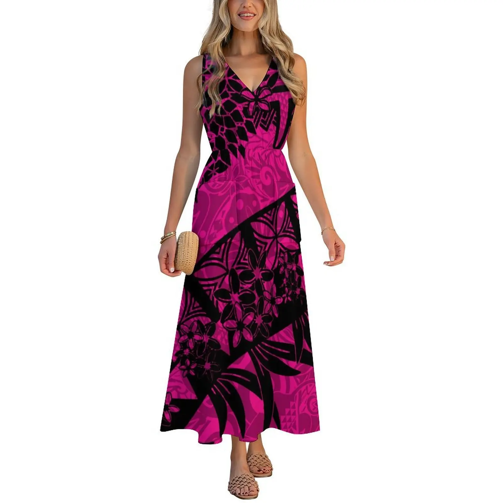 

Настраиваемое удобное и мягкое тканевое платье с v-образным вырезом, пляжное платье с гавайским тропическим цветочным узором