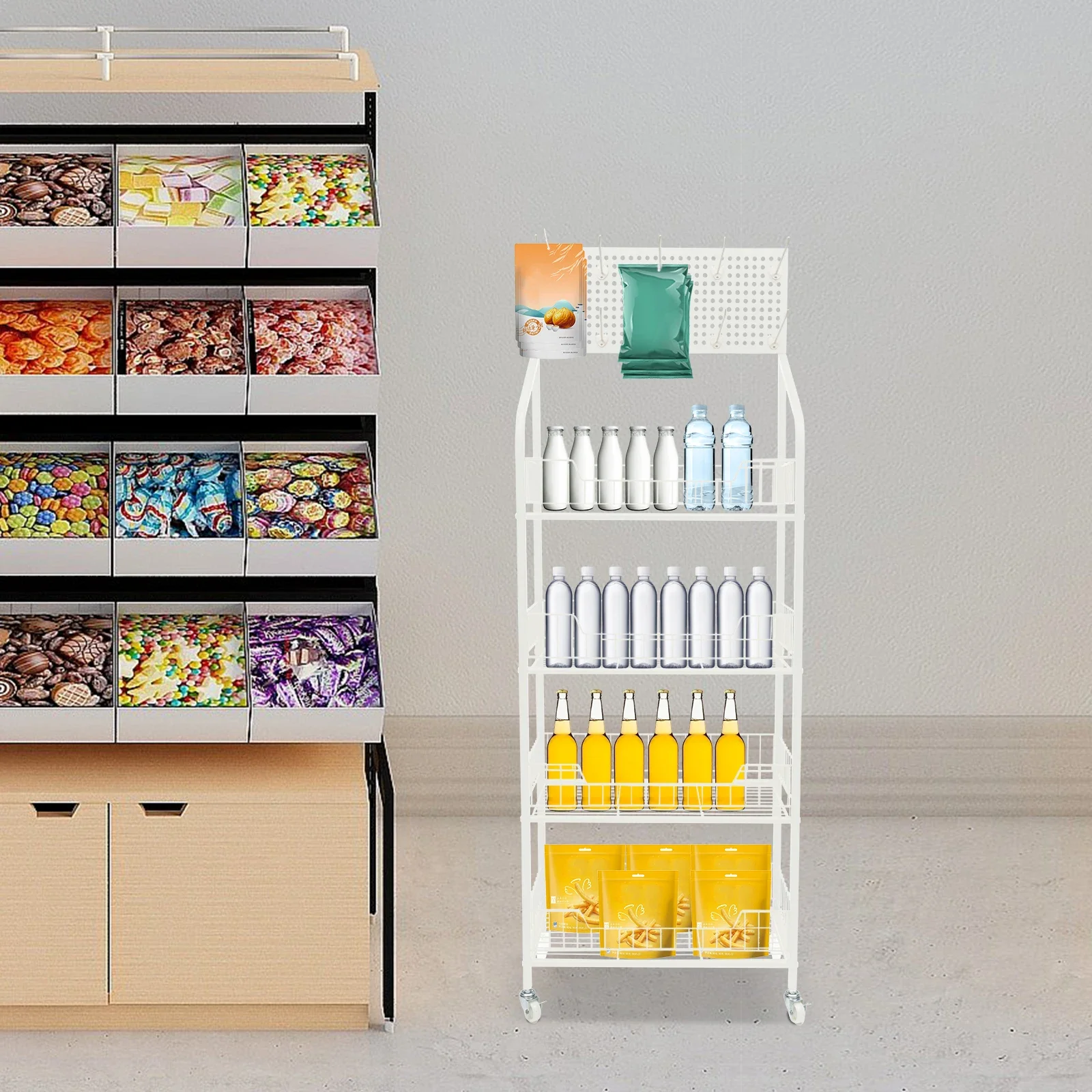 

4-Tier Rolling Display Rack W/ Wheels & 10 Hook, White Versatile Organizer for Snacks, Toys - 10kg/Shelf Capacity, Modern Design