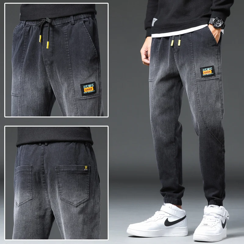 Jogger Jeans Pants Men Black Gray Elastic Waist Harem Pants Casual Patches Nice Autumn Denim Trousers Relaxed Joggers Pants Man