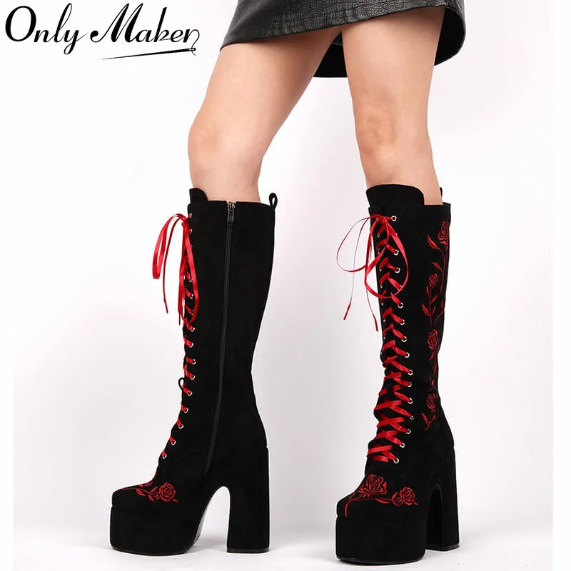 

Onlymaker Round Toe Floral Embroidery Platform Boots Chunky Heel Side Zipper Lace-up Knee High Punk Boots