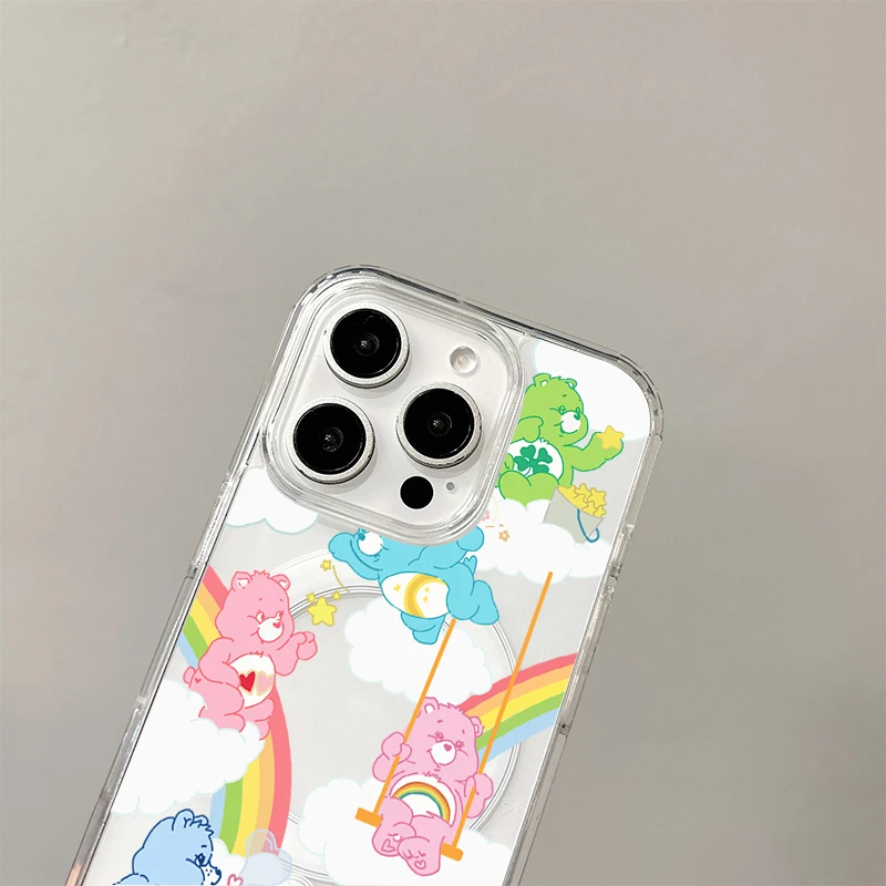 حافظة شحن لاسلكية C-Cares B-Bears لهاتف iPhone 17 Air 16 E 15 14 13 12 Mini 11 Pro Max غطاء صلب بحافة من السيليكون الشفاف