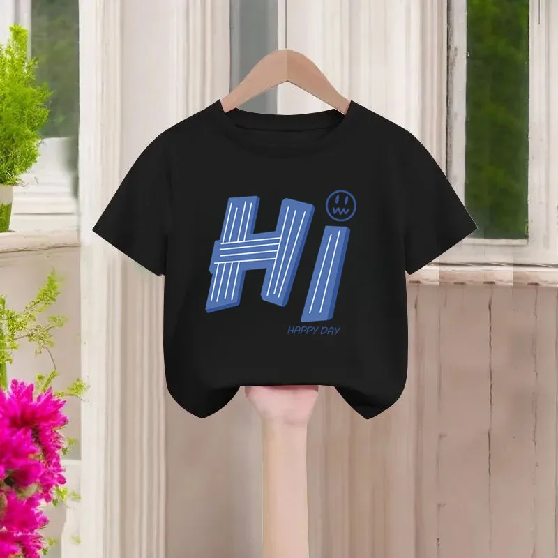 Hi Letter Printed Summer Short Sleeved New T-shirt Summer Outfit Smiling Face Handsome Children's  Shirt Parent-child Outfit