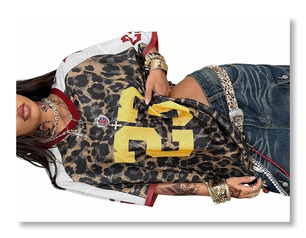 NEWJersey Shirts for Women Oversized T-Shirt Jersey Top Graphic V Neck T-Shirts for Teen Girls Leopard Print L