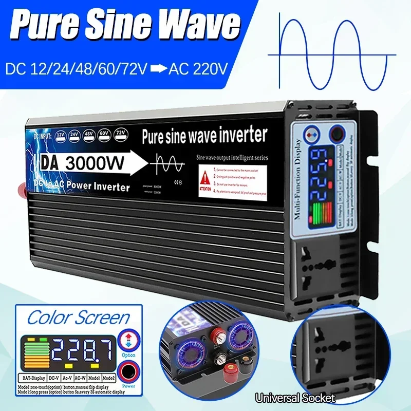 Inversor de Onda Senoidal Pura 3000w dc para ac Power Inverter 12 24 48 60 72v para ac 220v Conversor de Tensão para Adaptador de Carregador de Casa de Carro